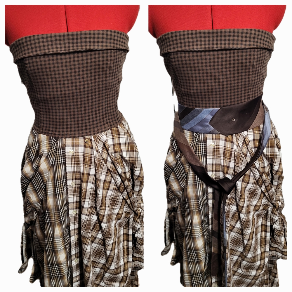 LA Upcycled Strapless Brown Plaid Dress with Tie